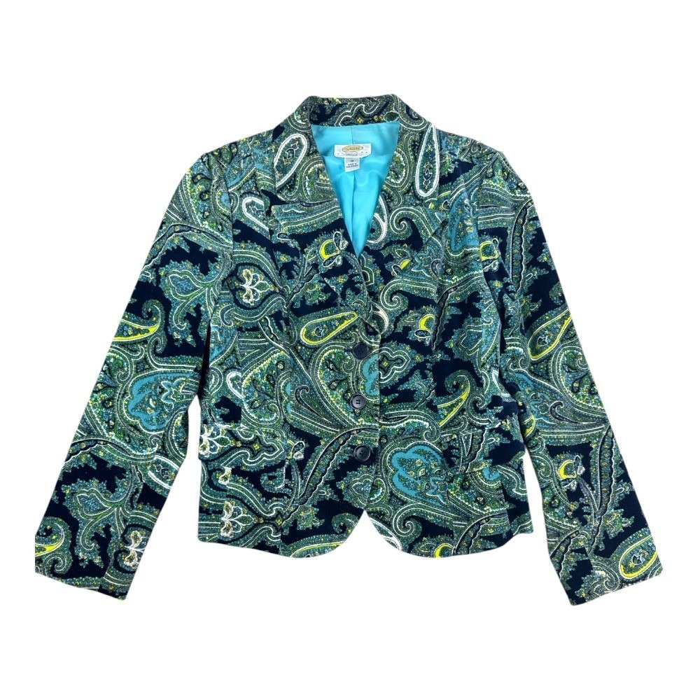 Talbots Petite Green Blue Paisley Velour Blazer Size‎ 12P Aqua Lined StretchO